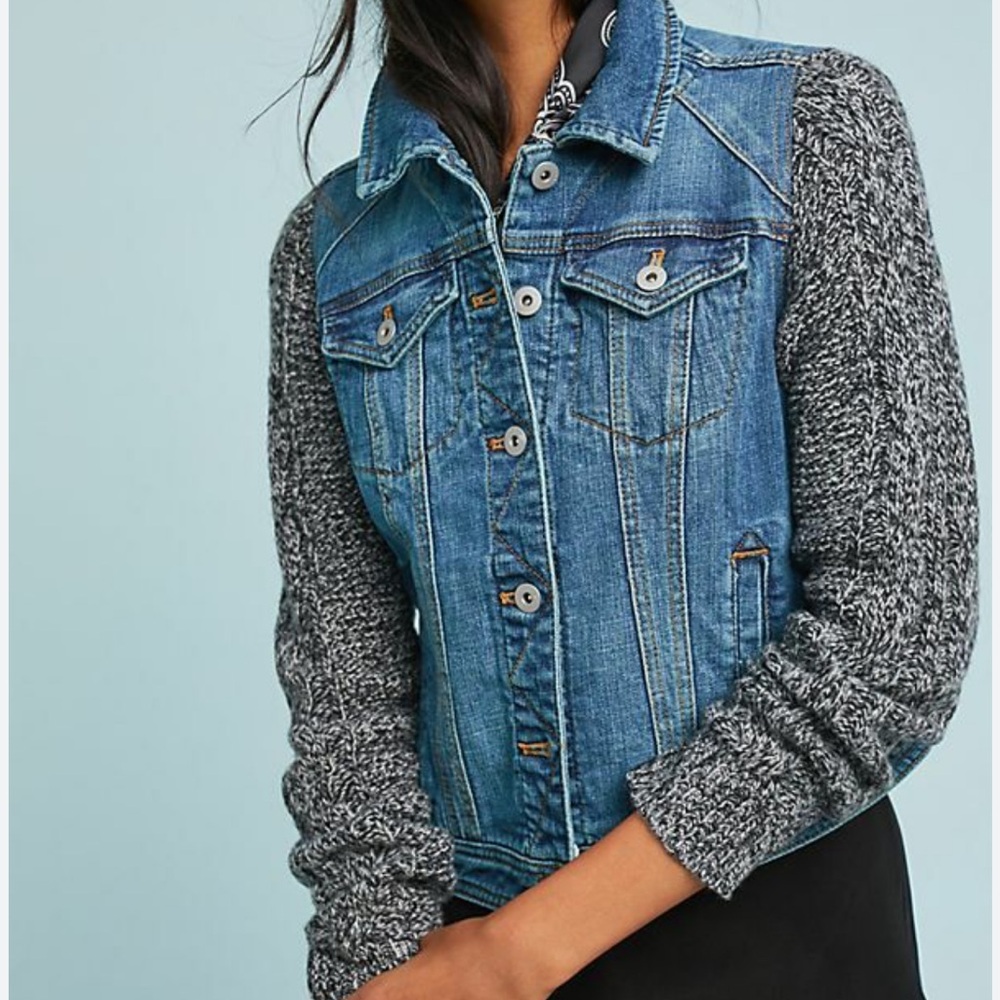 Pilcro and the Letterpress Denim Cropped Jacket with Gray Knit Sleeves Medium